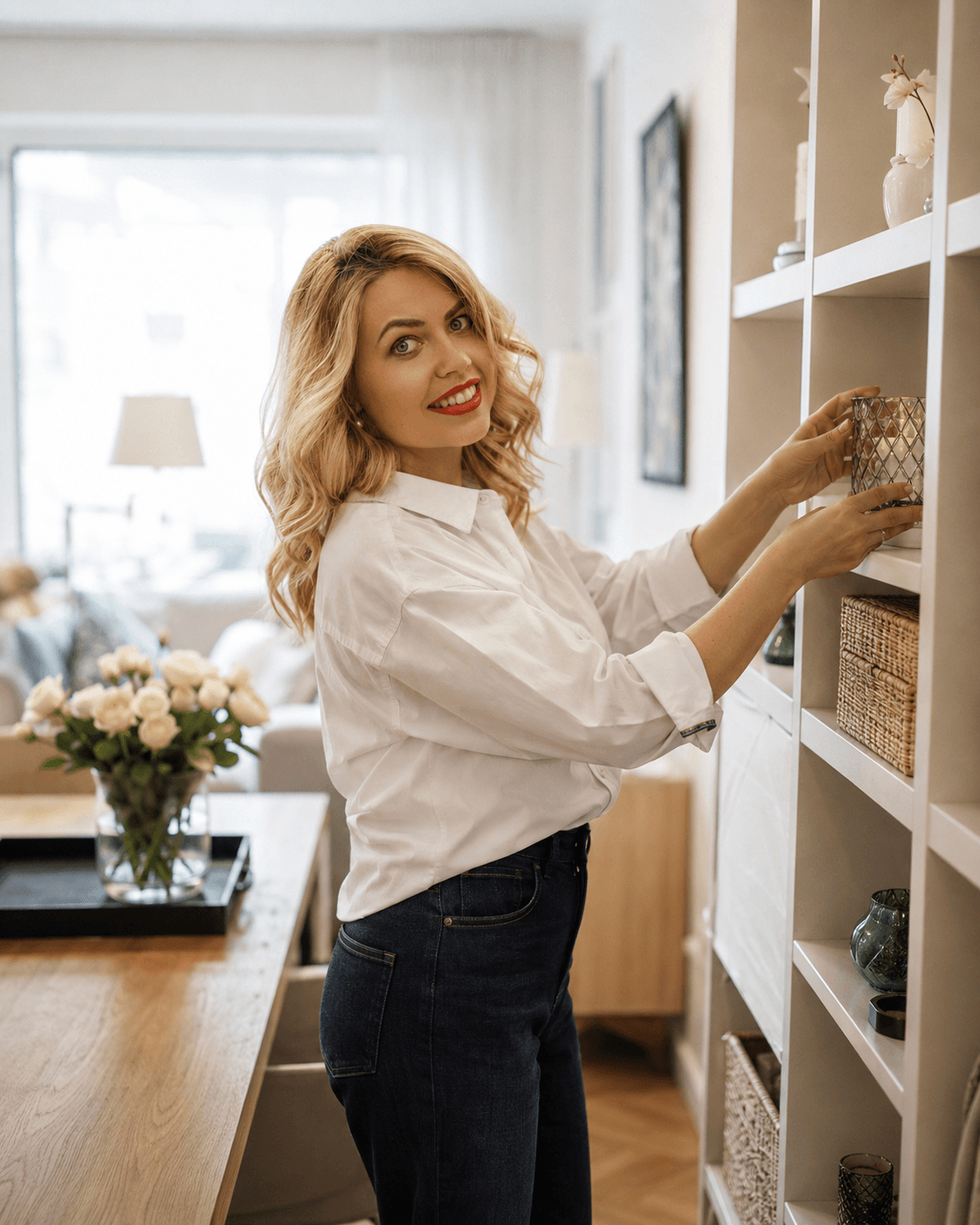 Warm minimal shelf as an atmospheric illustration of home organization