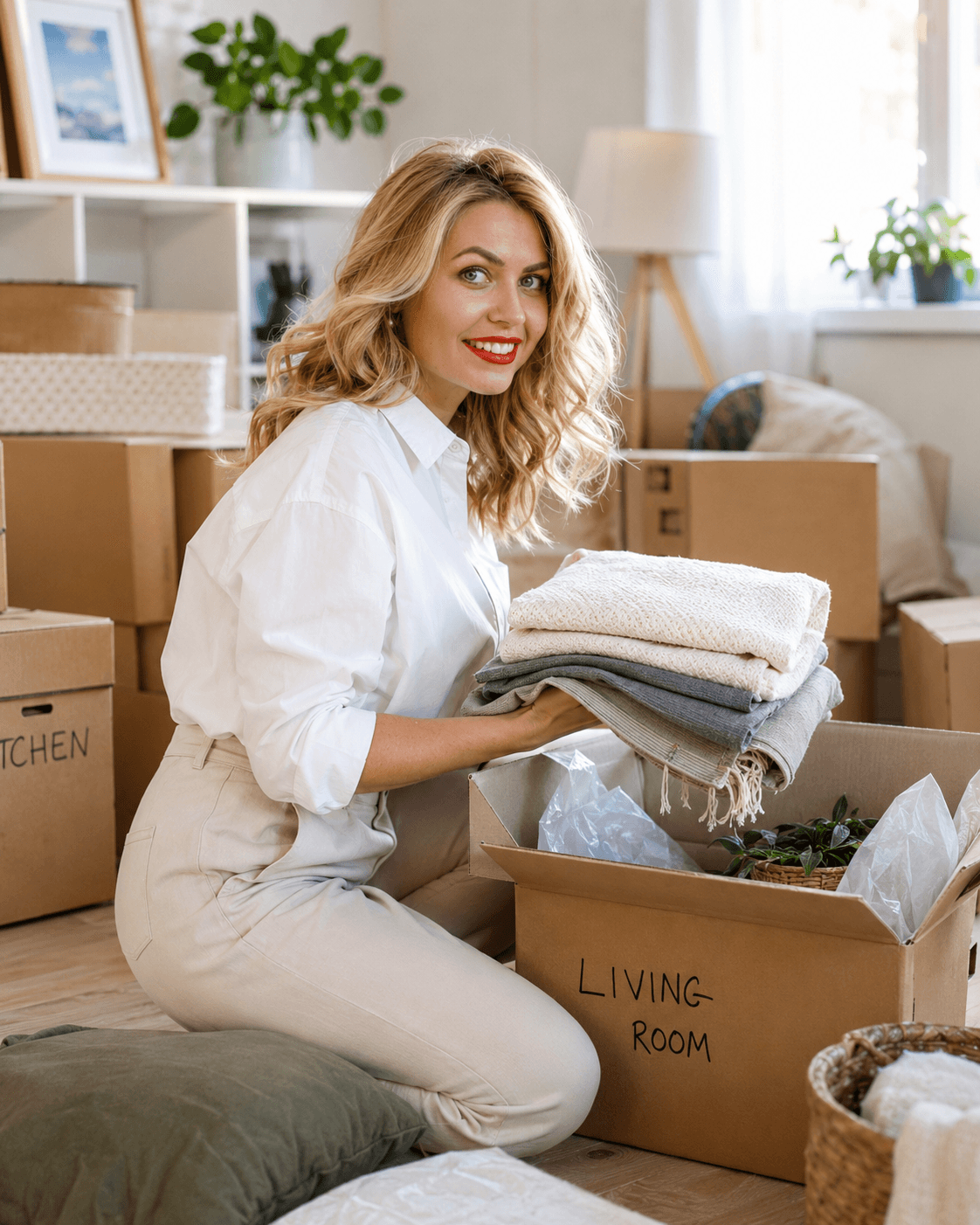Illustration of moving boxes in a bright living room