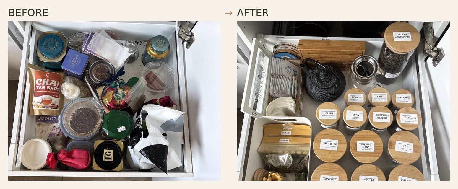 Before and after kitchen spice drawer organization